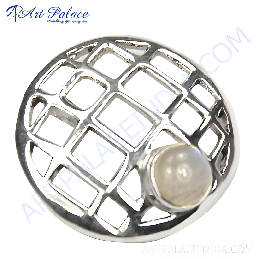 Sterling silver ring with a round moonstone set in a lattice design, perfect for women.