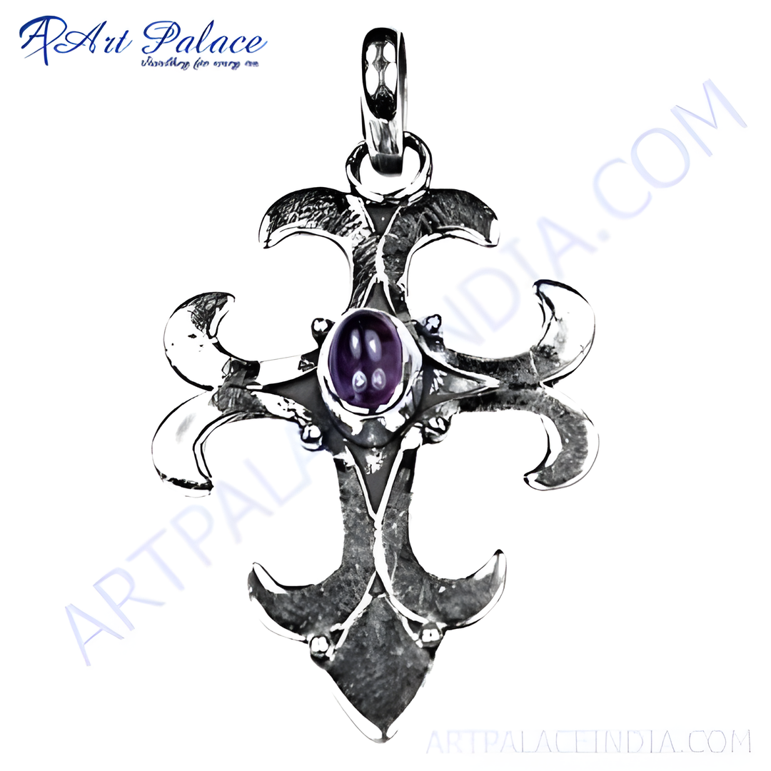 925 sterling silver cross pendant with a purple amethyst gemstone center, ideal for women