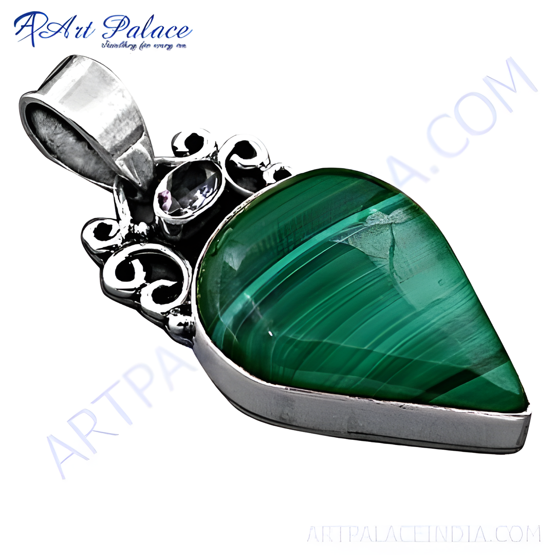 925 sterling silver malachite pendant necklace with vibrant green gemstone.