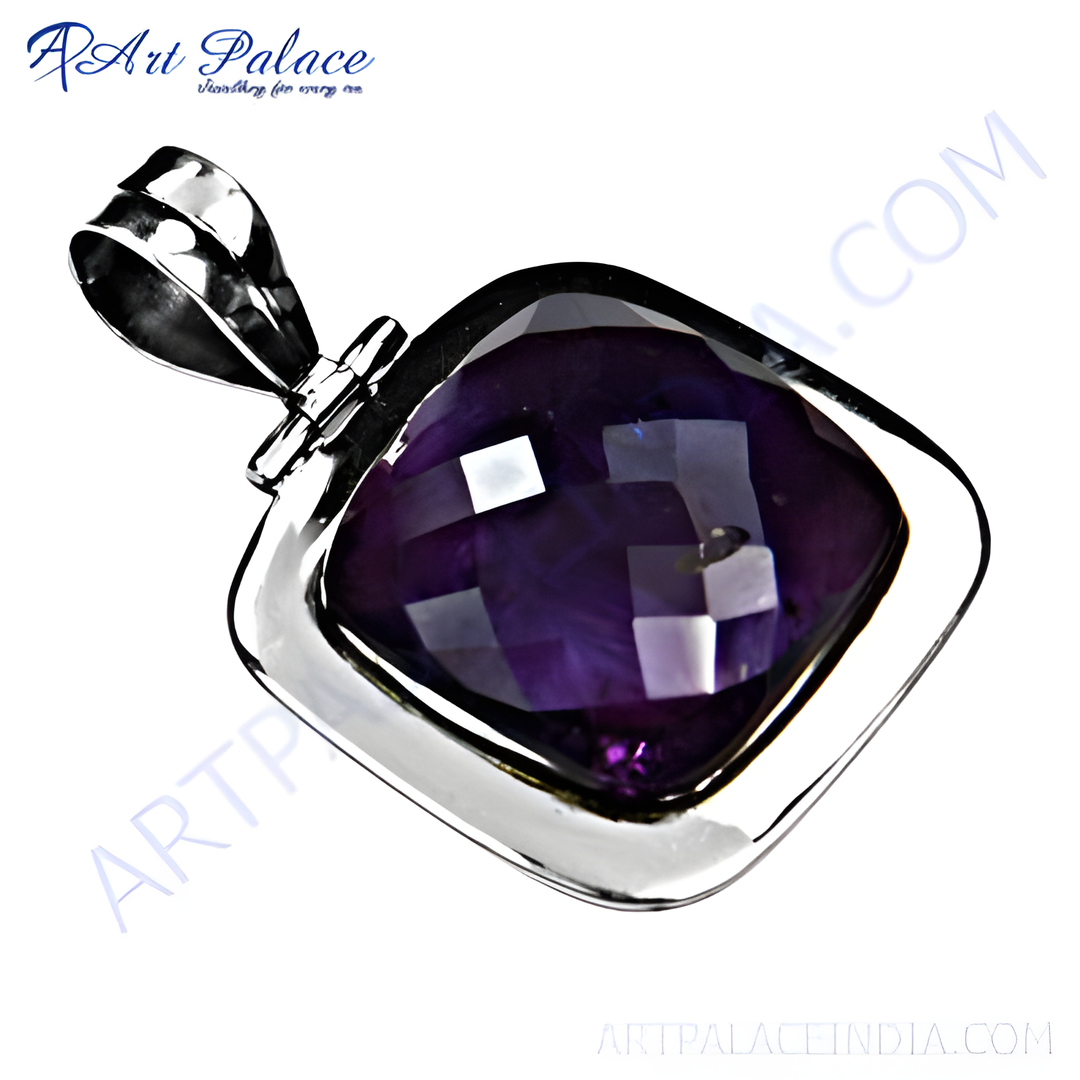 925 sterling silver amethyst pendant with a large, faceted purple gemstone.