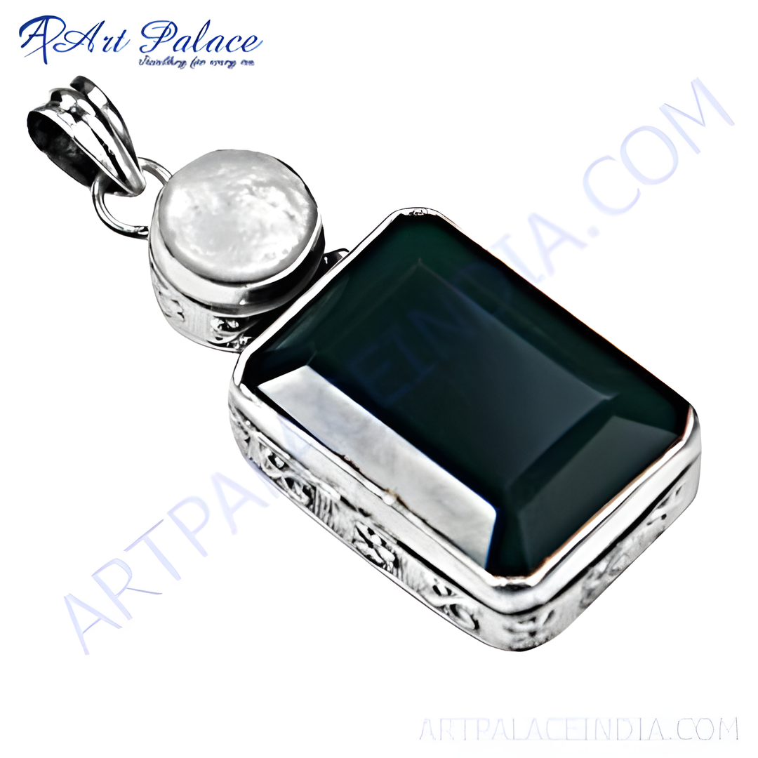 925 sterling silver pendant with a rectangular green onyx gemstone and a pearl detail.