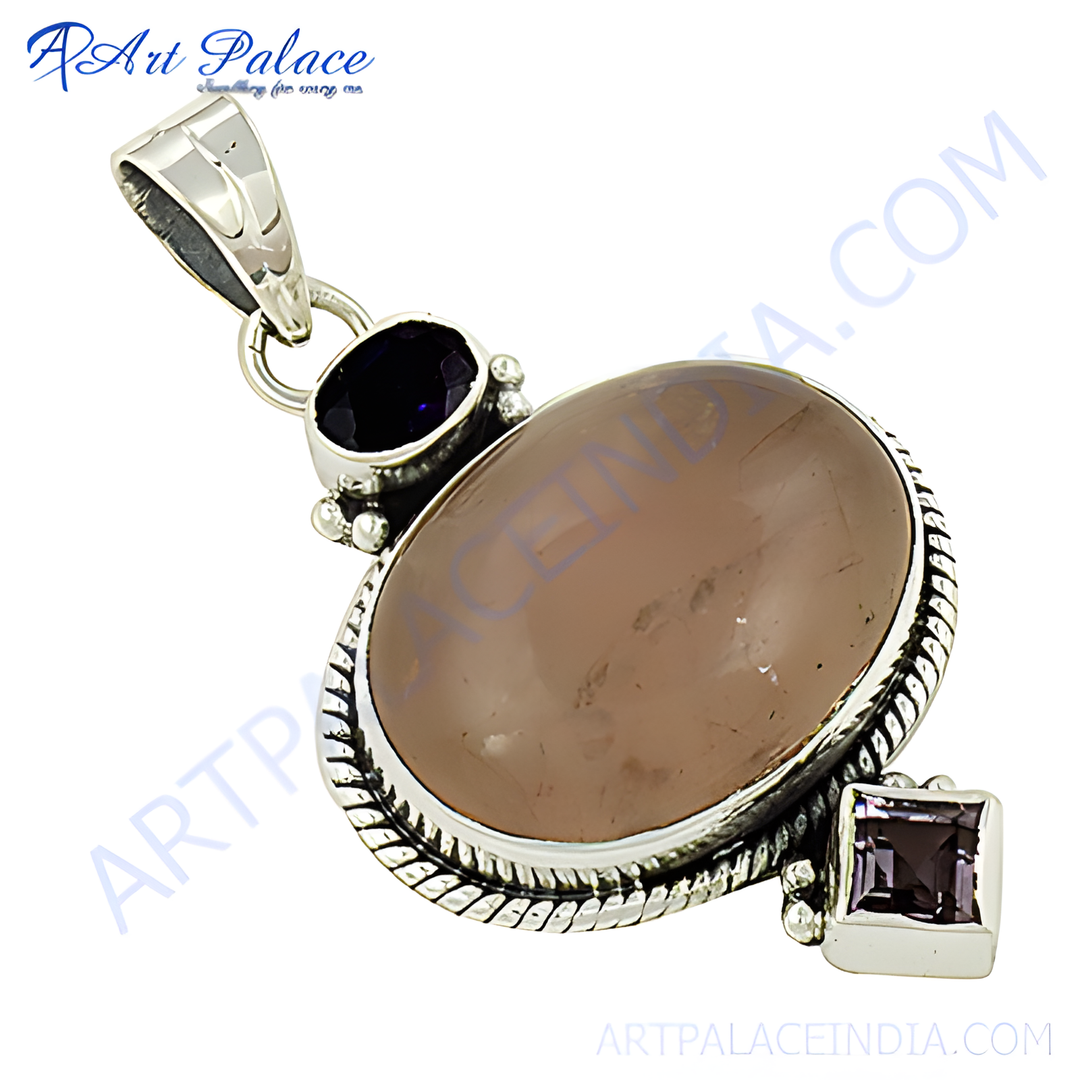 925 sterling silver smoky quartz pendant with amethyst and blue stone accents