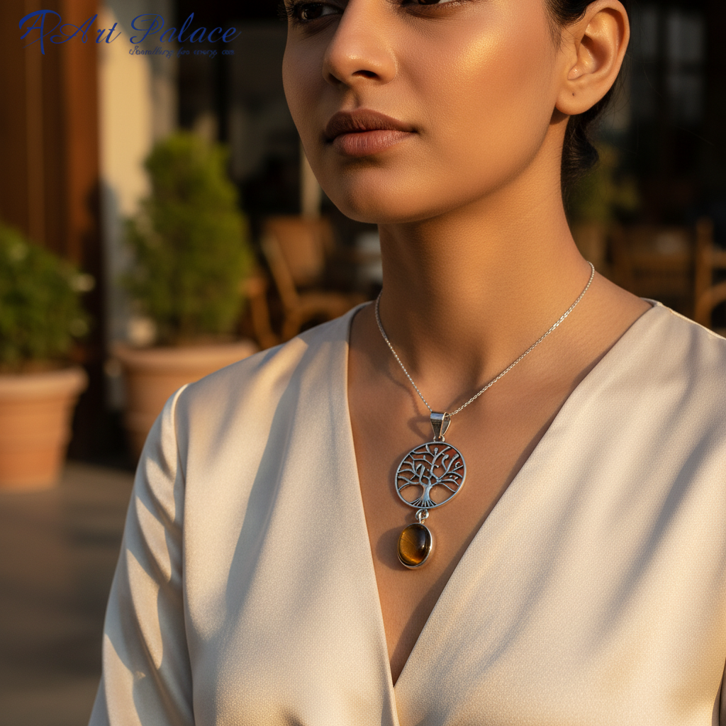 Collar con colgante de árbol de la vida en plata 925 | Piedra preciosa de ojo de tigre