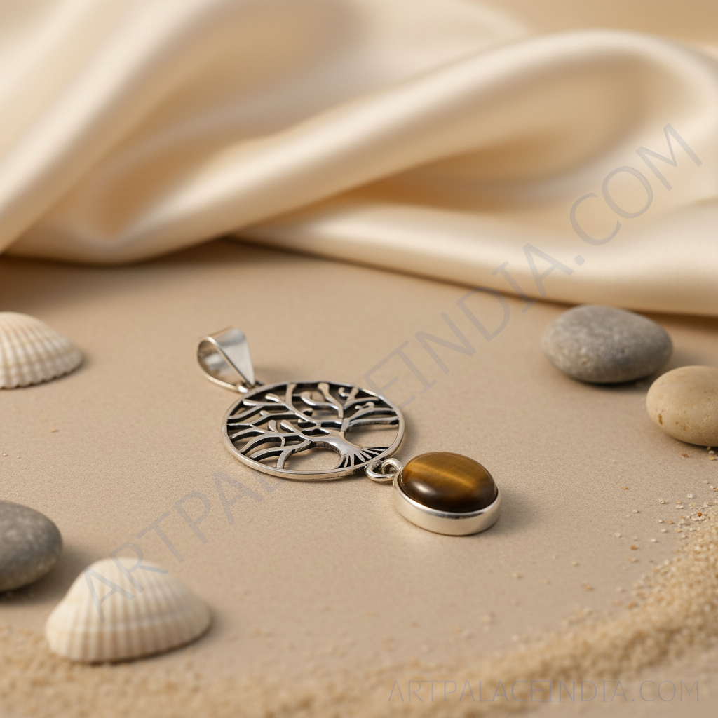 Collar con colgante de árbol de la vida en plata 925 | Piedra preciosa de ojo de tigre