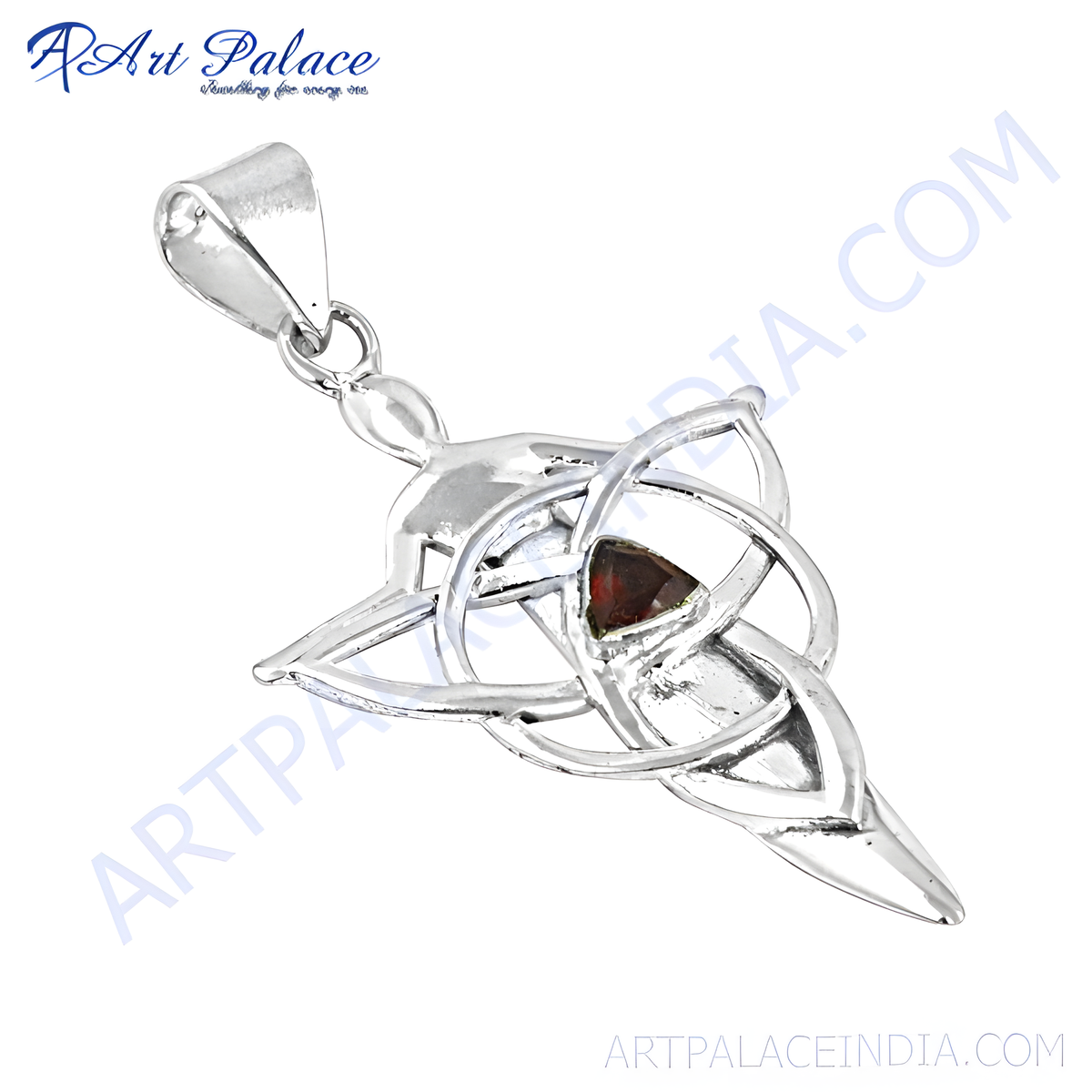 Sterling silver celtic knot pendant with a triangular red garnet gemstone in the center