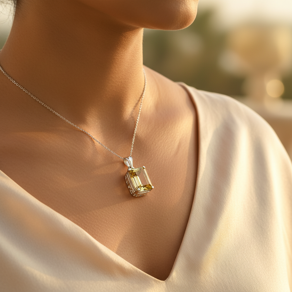 925 Silver Citrine Pendant | Emerald Cut Gemstone | For Women