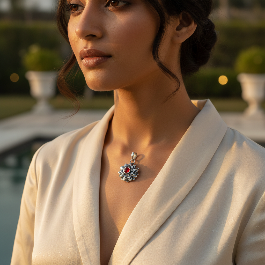 925 Silver Flower Pendant Necklace | Red Garnet Gemstone