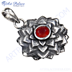 Load image into Gallery viewer, 925 sterling silver flower pendant necklace with a red garnet gemstone center
