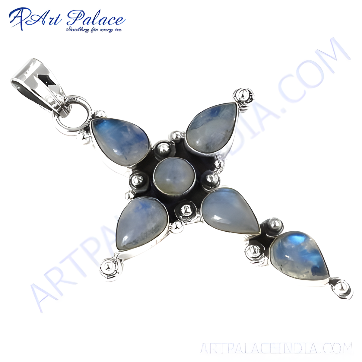 925 sterling silver moonstone cross pendant with blue and white gemstone accents