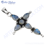 Load image into Gallery viewer, 925 sterling silver moonstone cross pendant with blue and white gemstone accents
