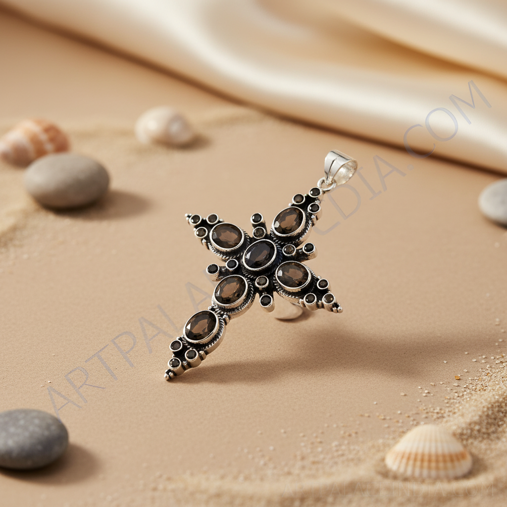 925 Silver Smoky Quartz Cross Pendant for Women | Gemstone Jewelry