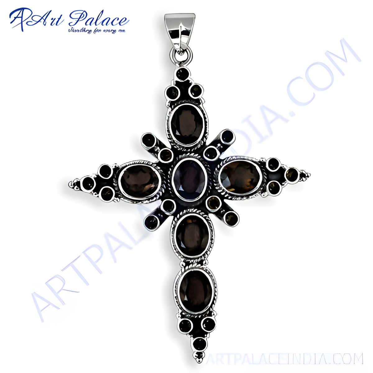 925 sterling silver cross pendant with oval cut smoky quartz gemstones and a detailed design