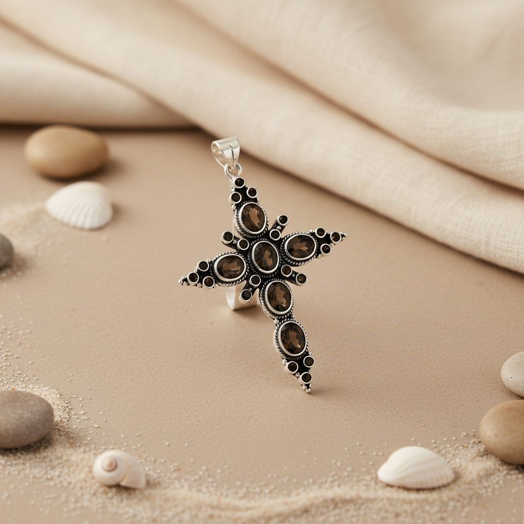 925 Silver Smoky Quartz Cross Pendant for Women | Gemstone Jewelry