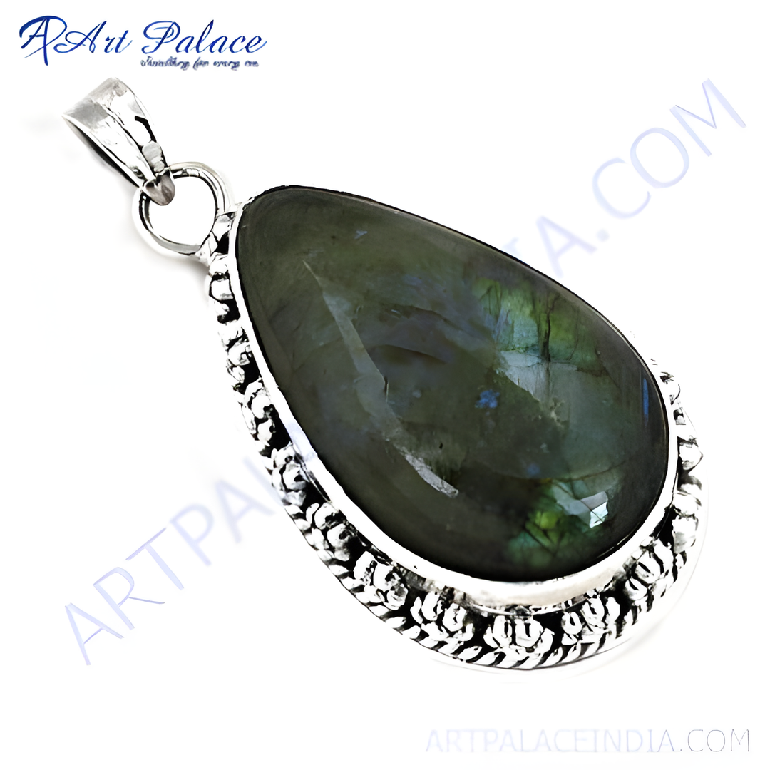 925 sterling silver labradorite teardrop pendant with iridescent blue and green hues, for women.