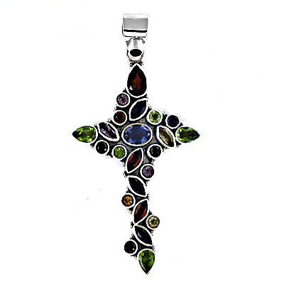 925 Silver Multi-Gemstone Cross Pendant | Women's Fashion Jewelry