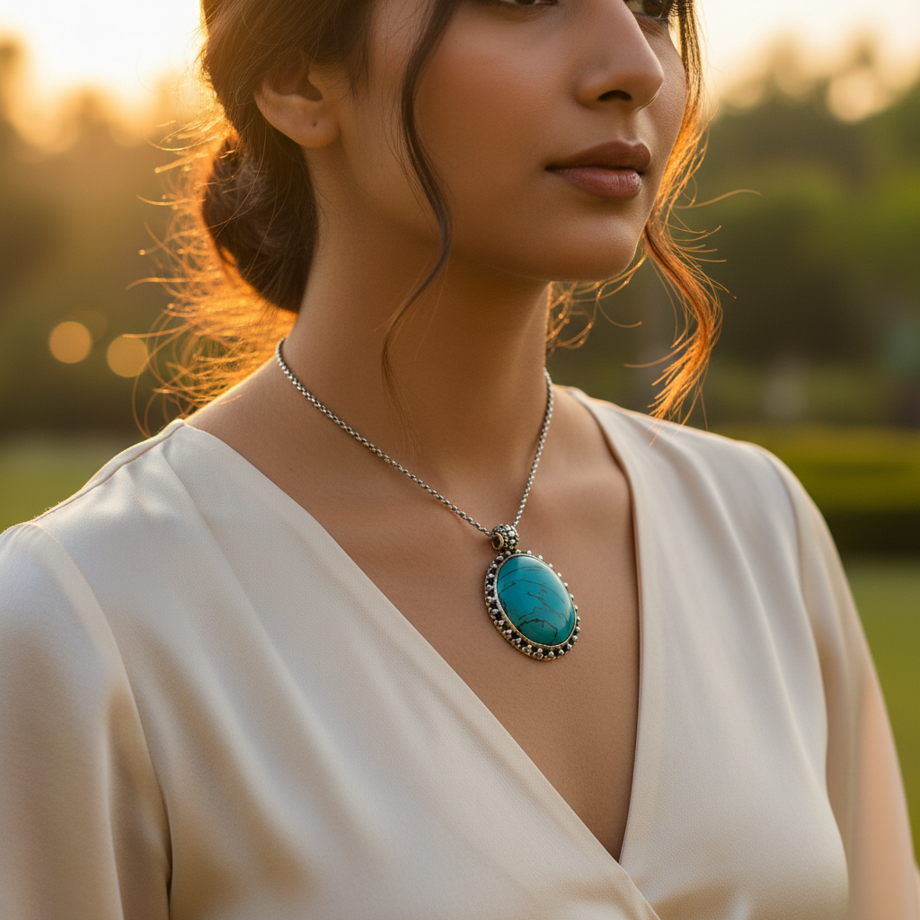 925 Silver Turquoise Pendant | Oval Gemstone Jewelry | Gift