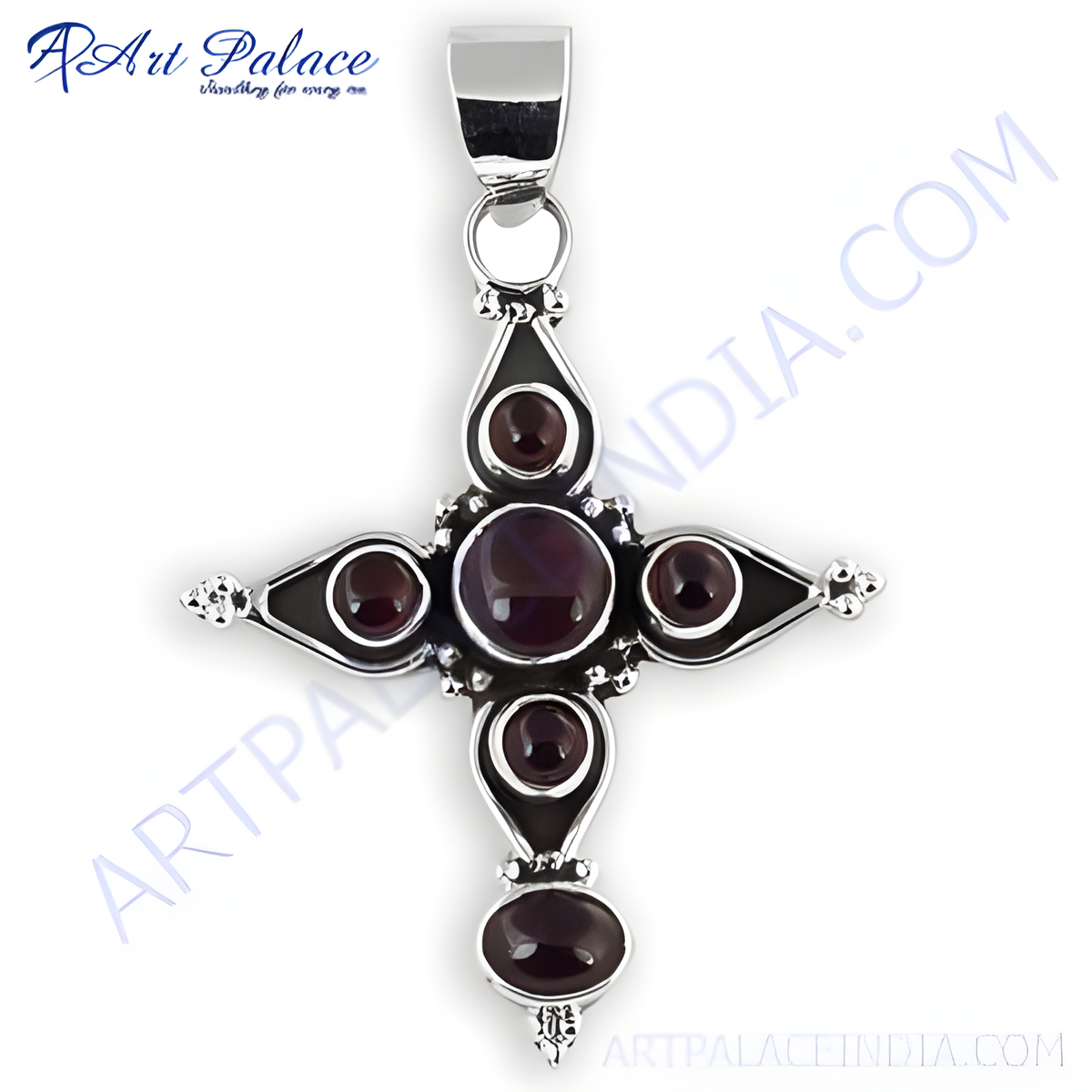 Sterling silver cross pendant necklace with garnet gemstones