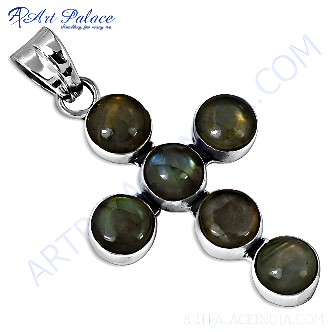 Sterling silver cross pendant with round labradorite gemstones.
