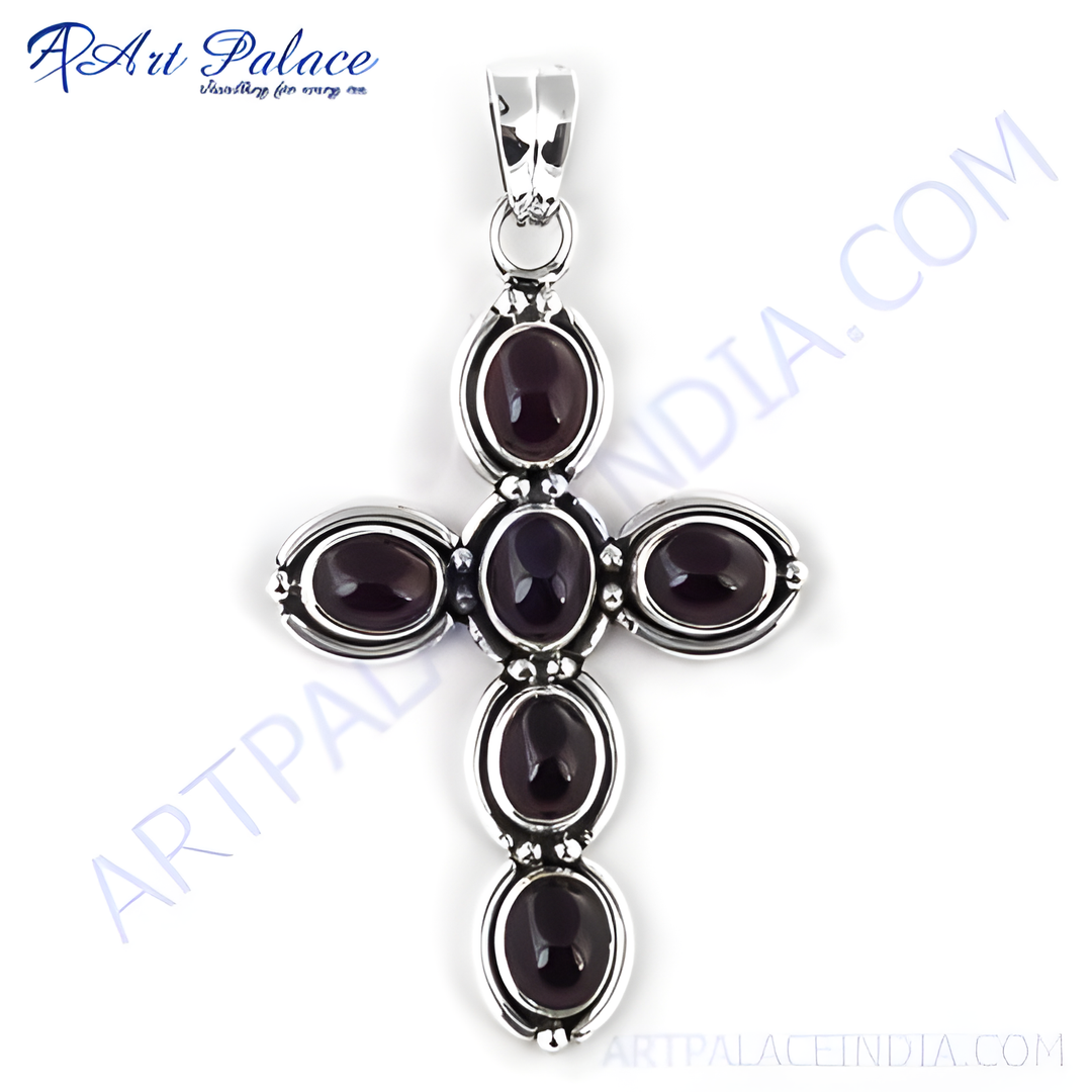 925 sterling silver cross pendant necklace with oval garnet gemstones, featuring a classic design
