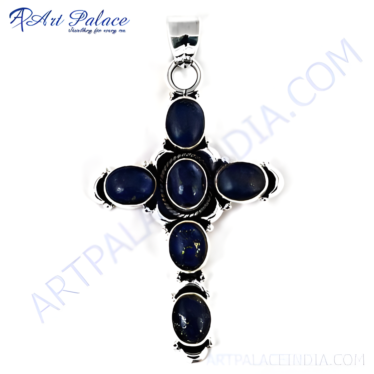 925 sterling silver cross pendant with oval cut blue lapis lazuli gemstones