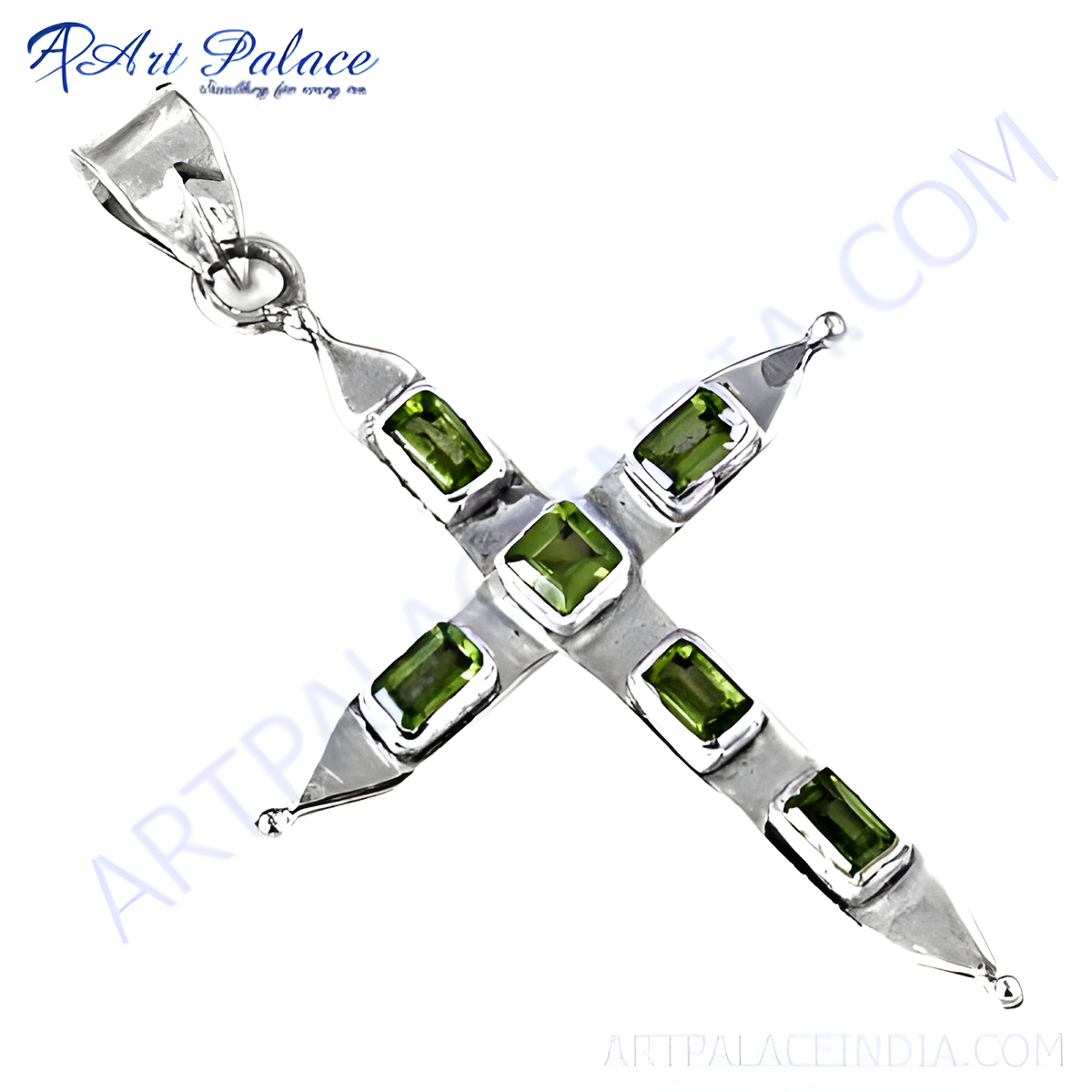 925 sterling silver cross pendant with emerald green peridot gemstones, perfect for women
