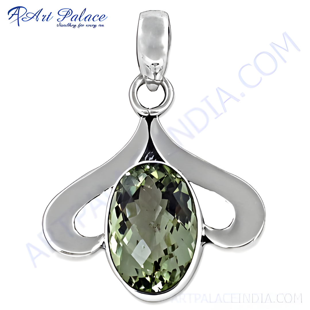 925 sterling silver pendant with oval cut green amethyst gemstone. Elegant design for women.