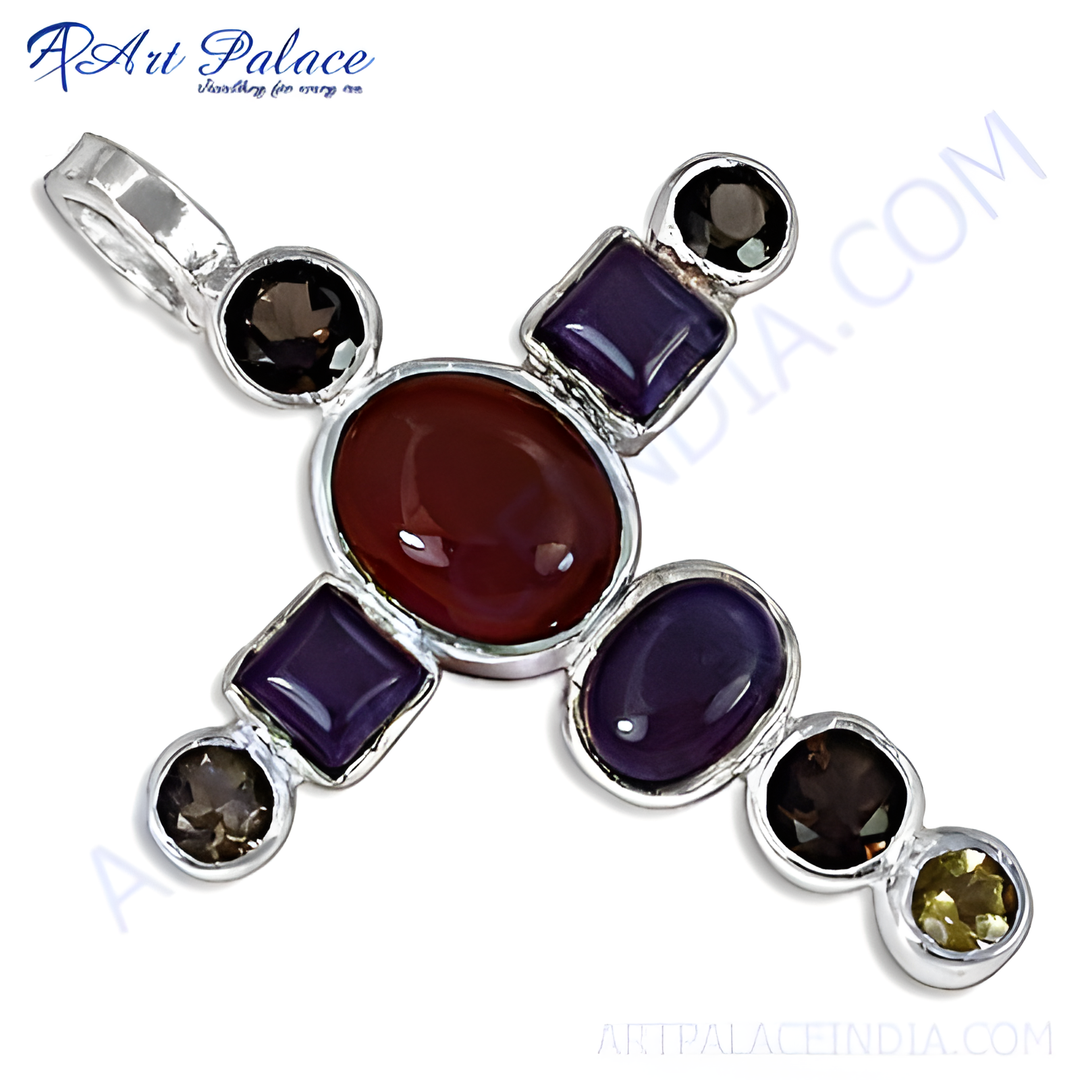 925 sterling silver cross pendant with oval carnelian, square and oval amethyst, smoky quartz and peridot gemstones