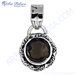 Load image into Gallery viewer, 925 sterling silver pendant with a round, faceted smoky quartz gemstone in a silver setting.
