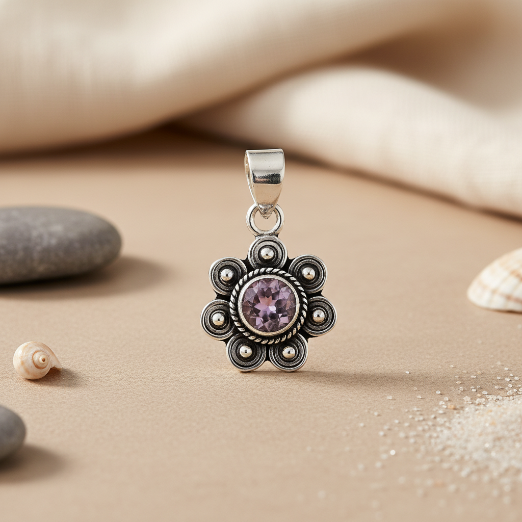 Colgante de flor de amatista en plata 925 para mujer | Joyería con piedras preciosas