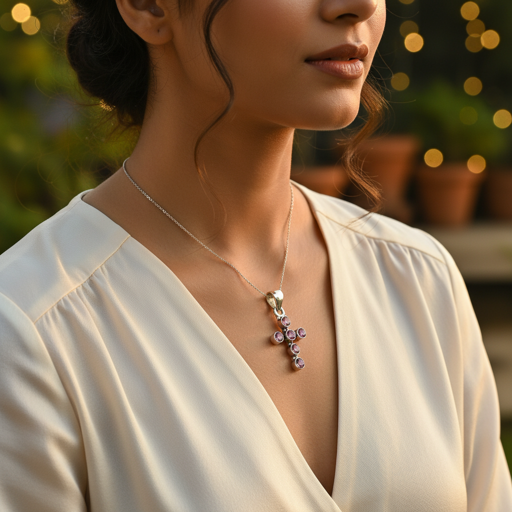 925纯银粉色宝石十字架吊坠 | 女士珠宝