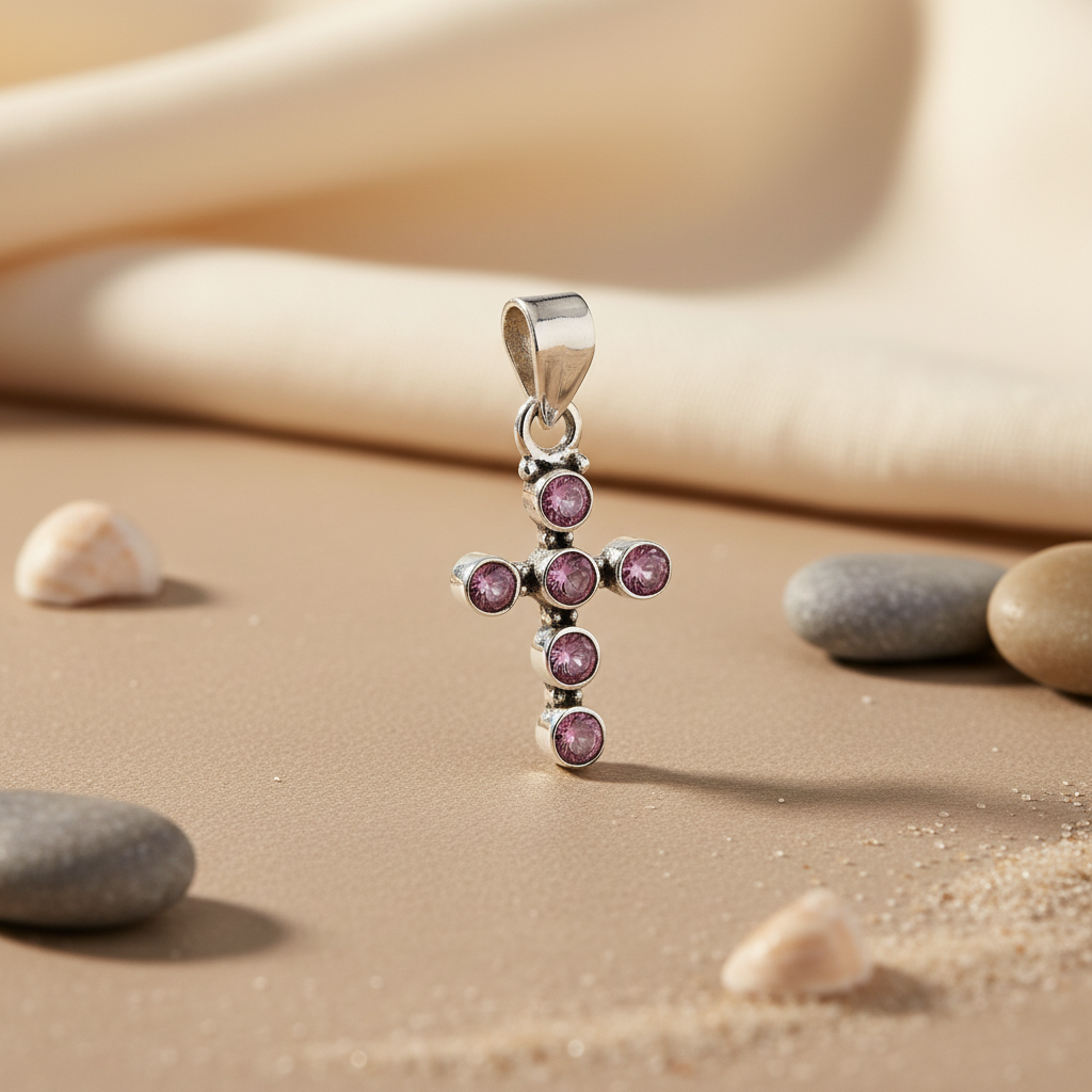 925纯银粉色宝石十字架吊坠 | 女士珠宝