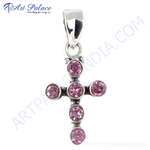 将图像加载到图库查看器中， 925 sterling silver cross pendant with pink gemstones, a beautiful piece for women.
