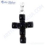 Load image into Gallery viewer, Sterling silver cross pendant necklace with polished black onyx gemstones.
