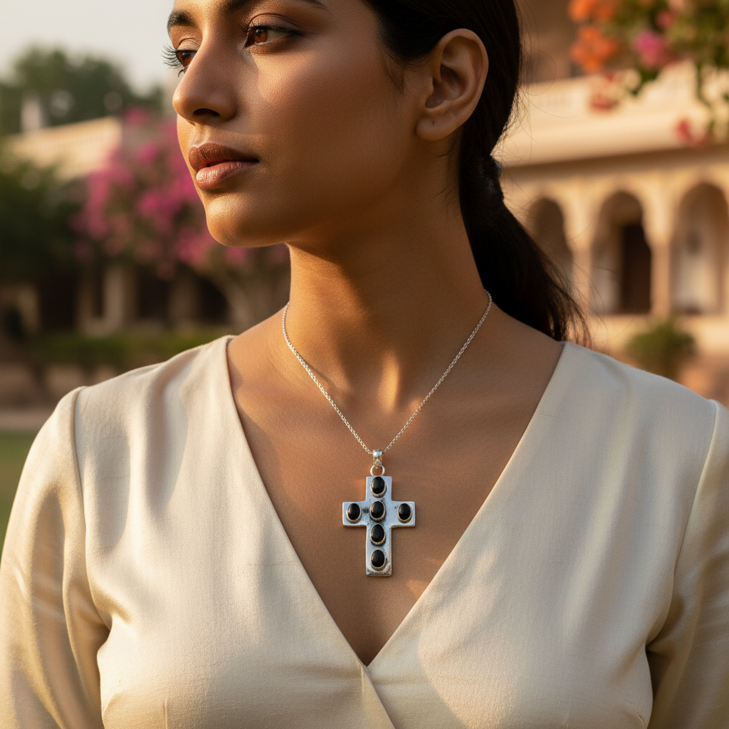 Silver Cross Pendant with Black Onyx Stones for Men & Women
