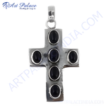 Load image into Gallery viewer, Sterling silver cross pendant with oval-cut black onyx gemstones, perfect for men and women.
