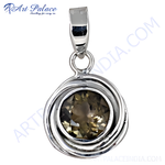 Load image into Gallery viewer, 925 sterling silver pendant with a round, faceted smoky quartz gemstone in a swirl design

