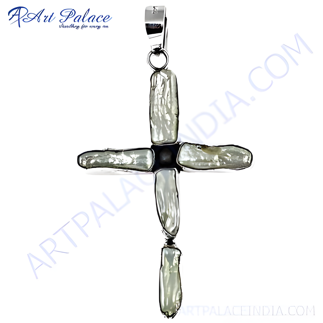 Sterling silver cross pendant necklace with natural pearl accents, white background, elegant religious jewelry