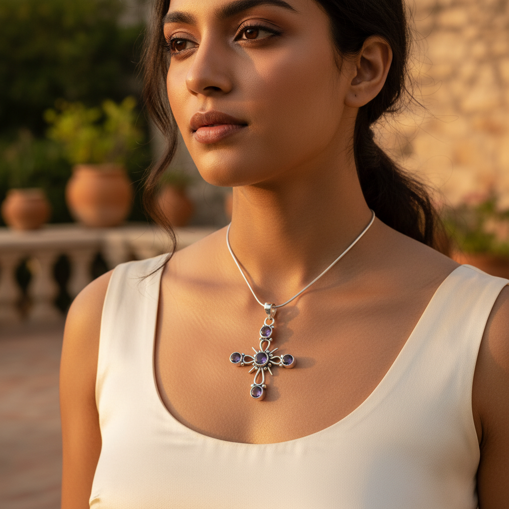 Colgante de cruz de amatista en plata 925 para mujer | Joyería con piedras preciosas