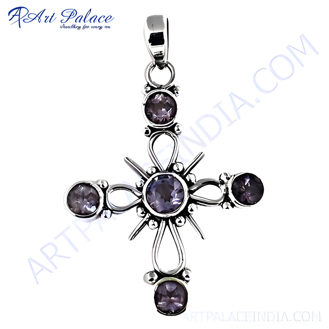 925 sterling silver amethyst cross pendant with purple gemstones.
