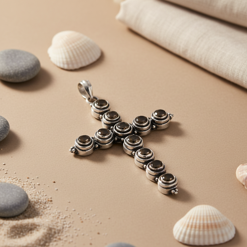 925 Sterling Silver Cross Pendant with Smokey Quartz | Women's Jewelry