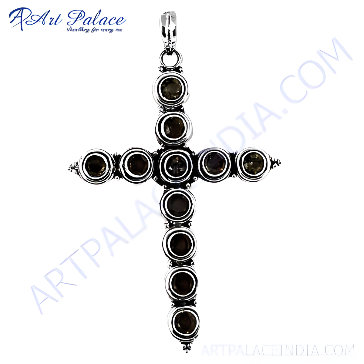 Sterling silver cross pendant with round smokey quartz gemstones, a religious necklace for women