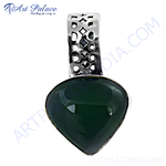 Load image into Gallery viewer, Sterling silver pendant necklace with a large, teardrop-shaped green gemstone. Silver bail with cut-out details.
