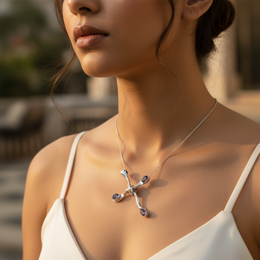 Silver Cross Pendant with Amethyst Gemstones | Women's Jewelry