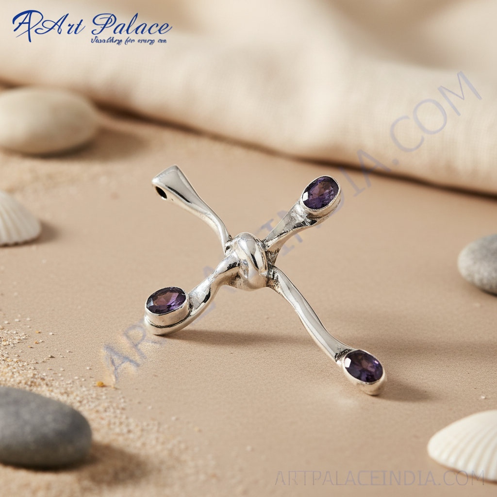 Silver cross pendant with amethyst gemstones | women's jewelry