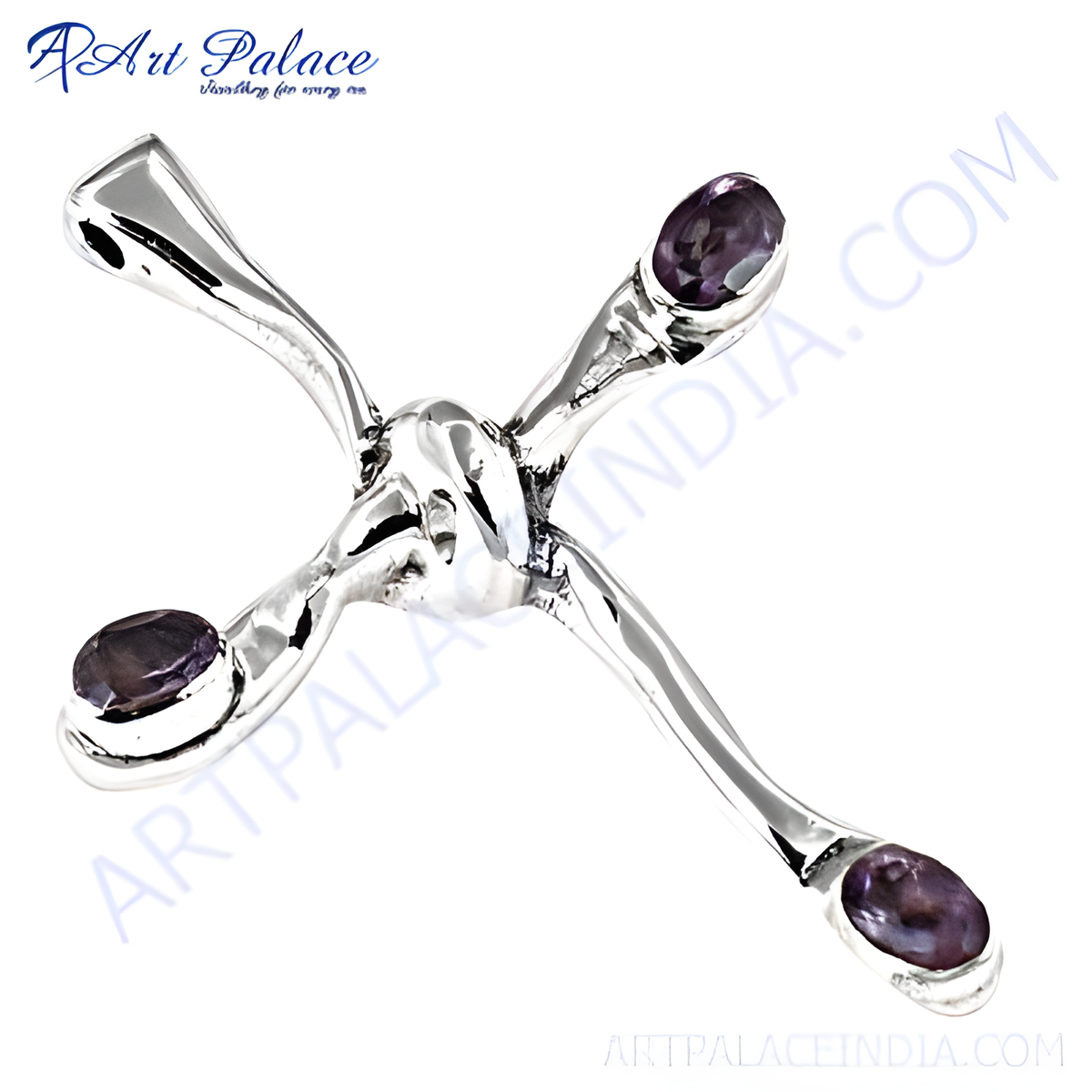 Silver cross pendant with four oval shaped amethyst gemstones, showcasing a polished finish