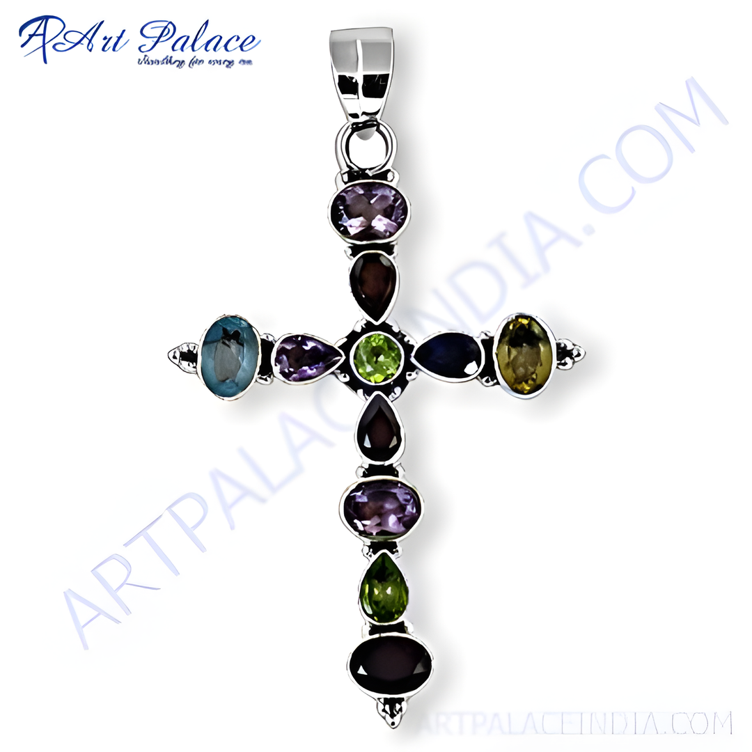 Sterling silver cross pendant with amethyst, peridot, and other gemstones. Colorful and elegant jewelry.