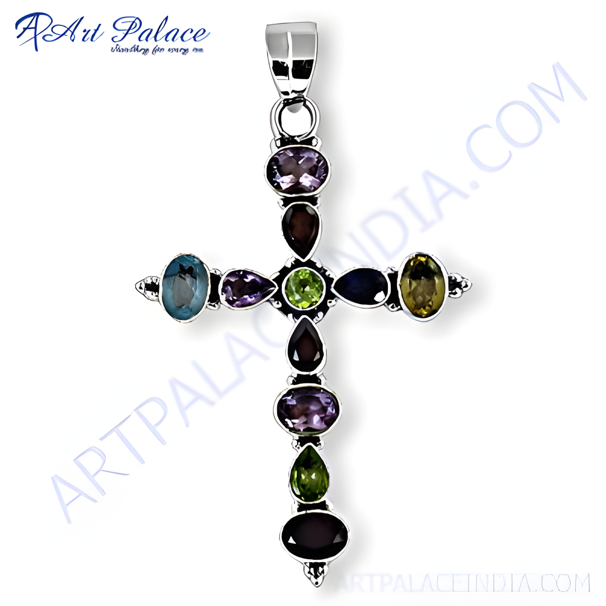 Sterling silver cross pendant with amethyst, peridot, and other gemstones