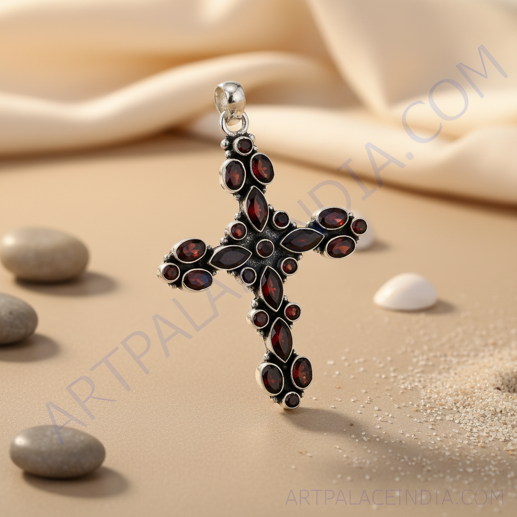925 Sterling Silver Garnet Cross Pendant Necklace for Women