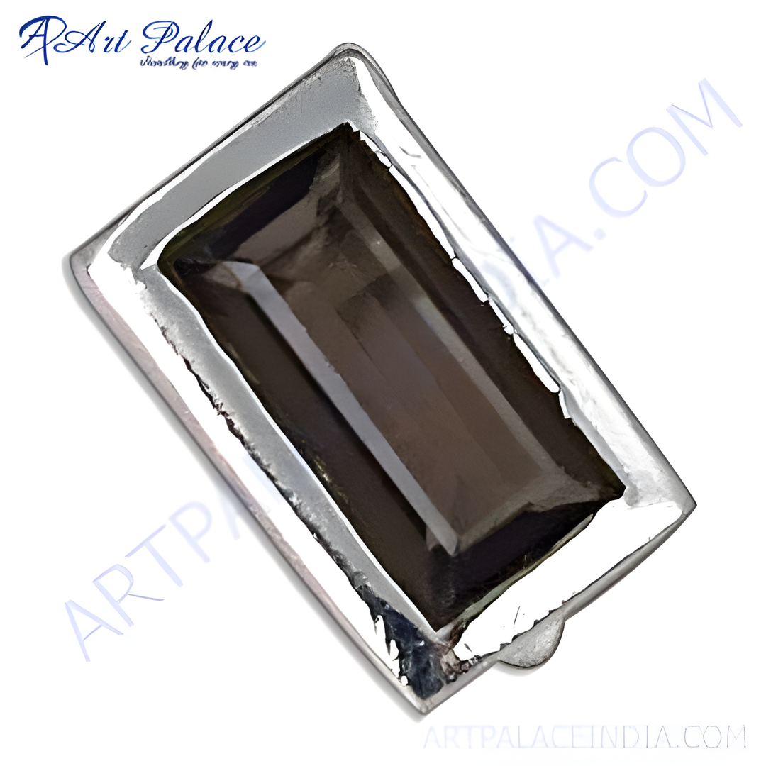 Sterling silver ring with a rectangular smoky quartz stone. Brown gemstone ring for women.