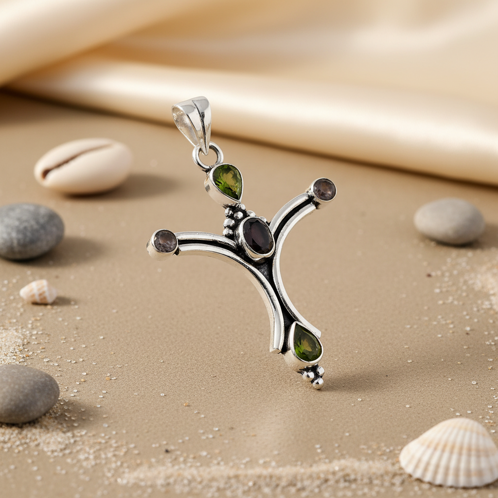 925 silver cross pendant with gemstones for women